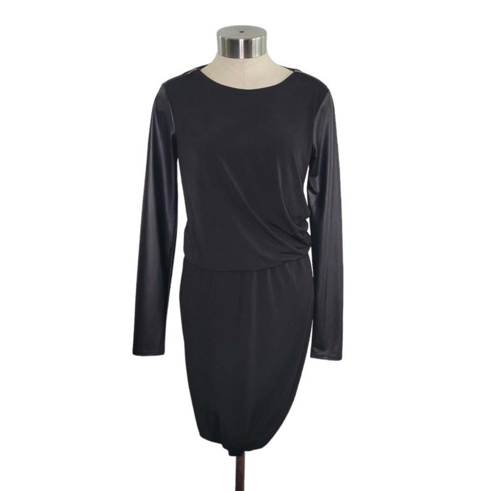 Kenneth Cole Black Bubble Hem Knee Length Dress Size 0 Faux Leather Long Sleeves